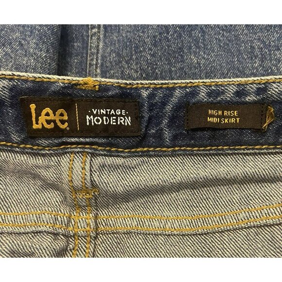 Lee Vintage Modern High Rise Midi Denim Skirt 32 Western 80s Grunge Blue - Picture 8 of 9